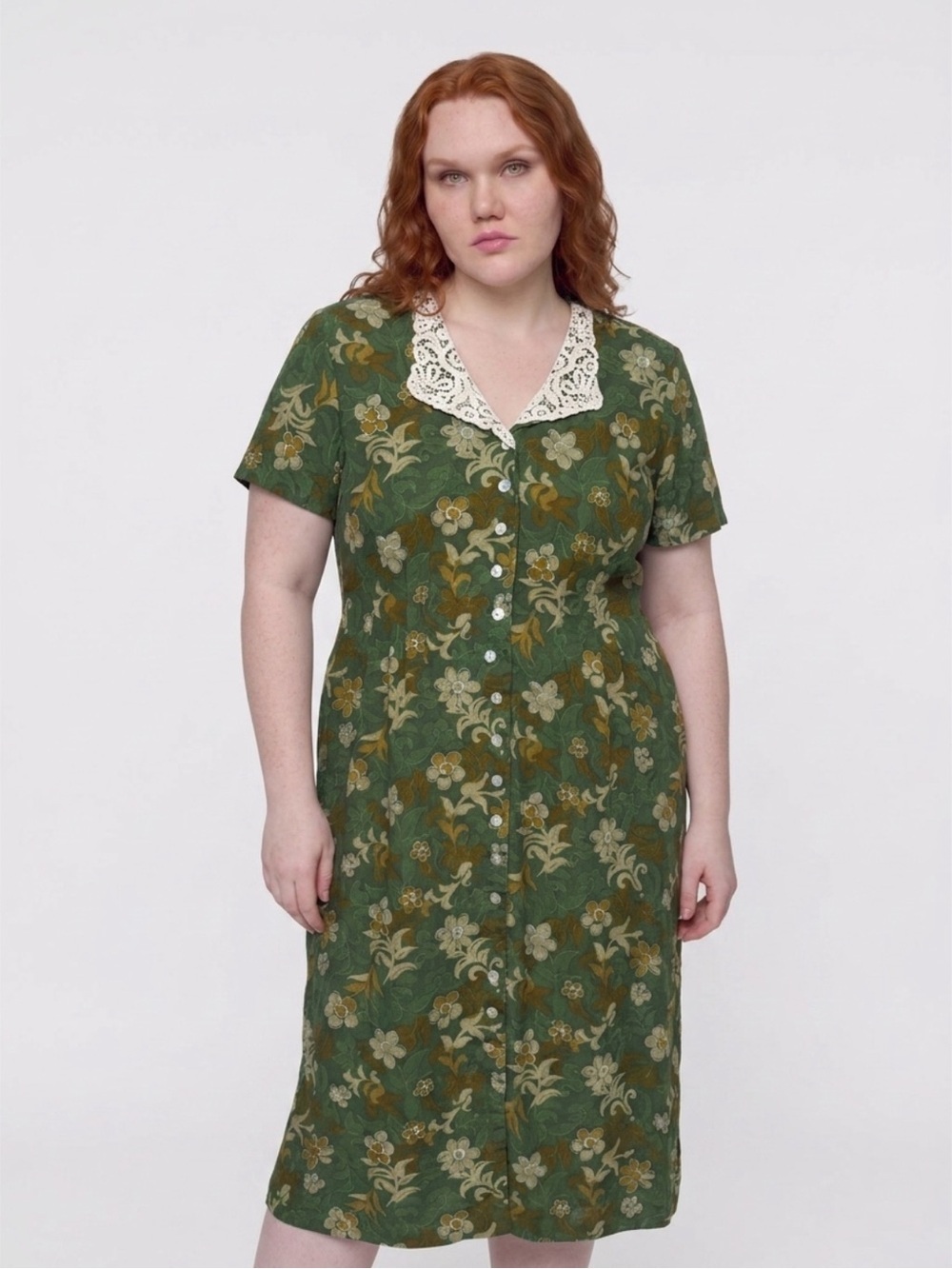 80s Betsy’s Things Green Floral Button-Front Midi Dress with Lace Collar